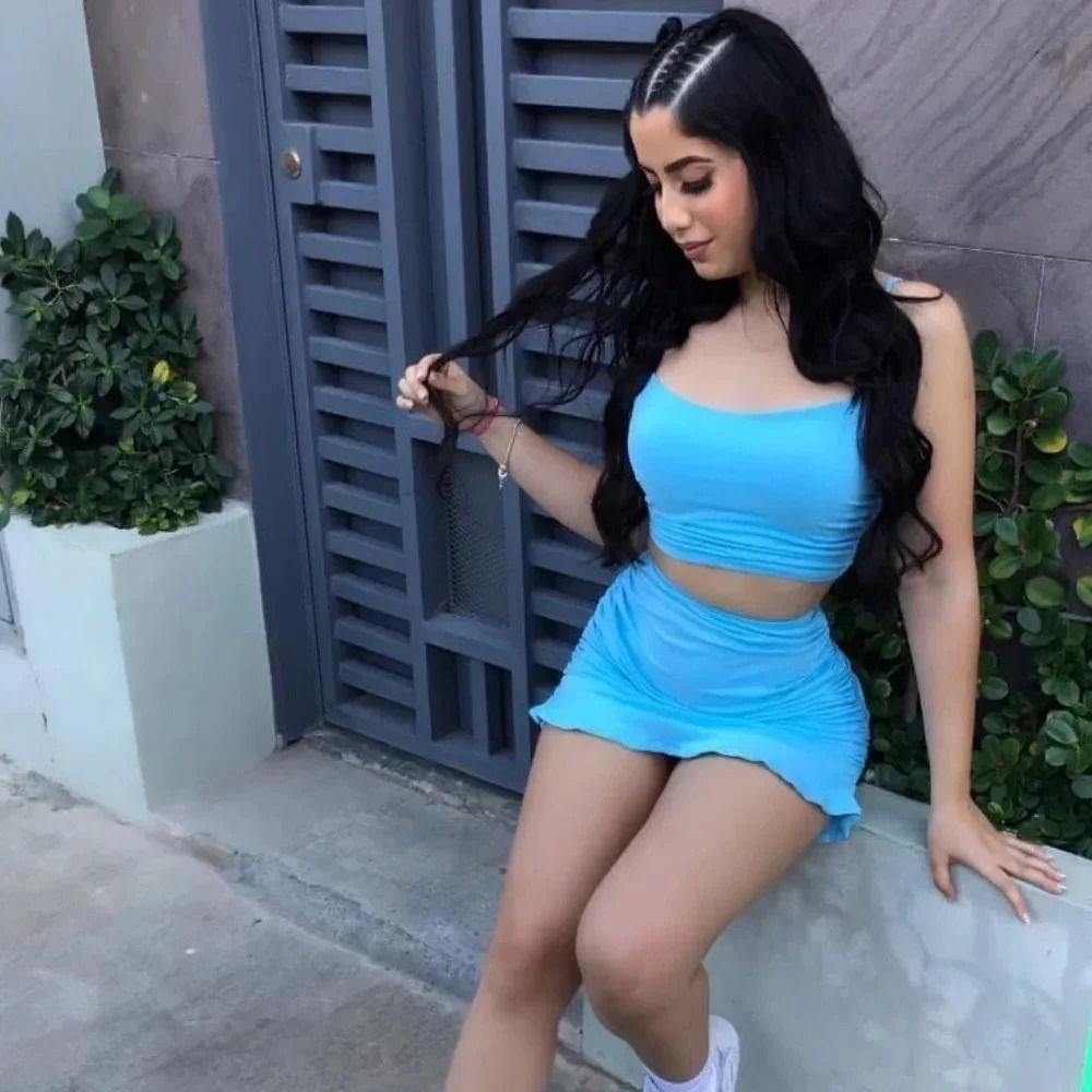 Blue skirt and tank top set with ruched sides